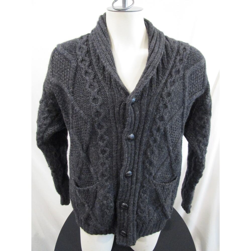 Aran Crafts Irish Black Merino Wool Cable Knit Shawl Neck Cardigan Sweater Men L